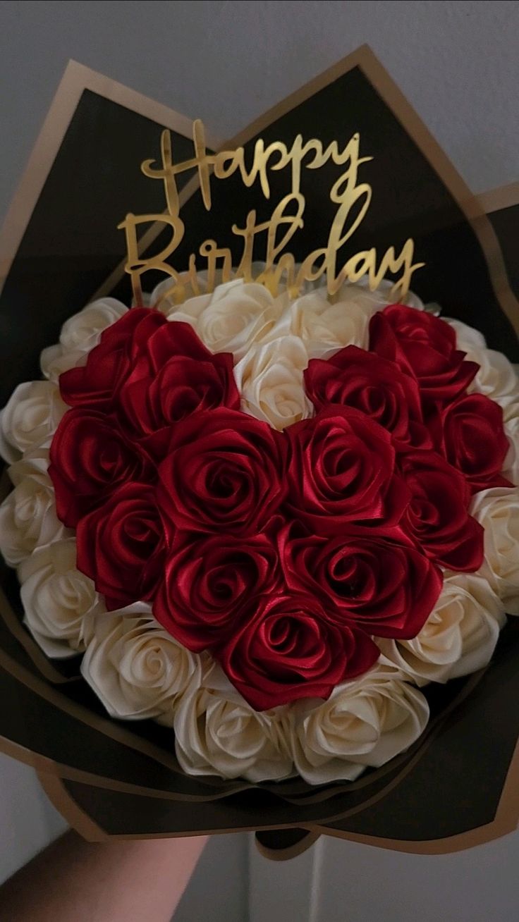 Birthday Rose Bouquet - Red & White Heart