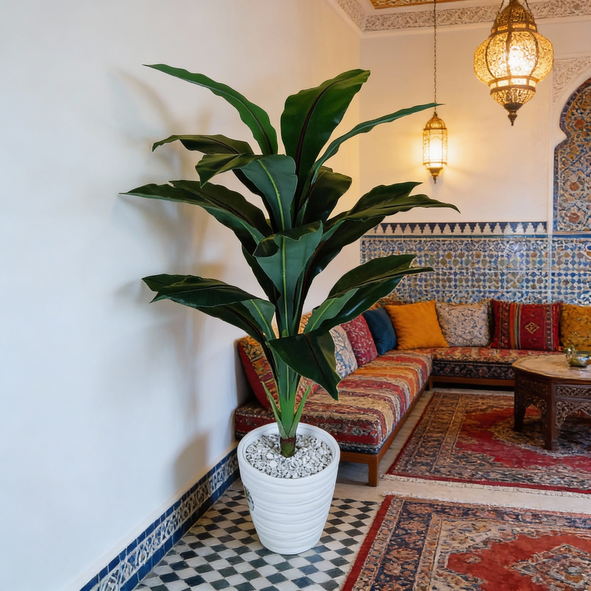 Bird of Paradise in White Ribbed Planter - Moroccan Style